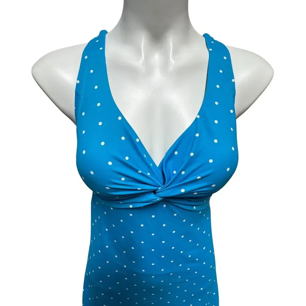 L.L.Bean Twisted One Piece Swimsuit Swim Dress Blue White Polka Dot 4